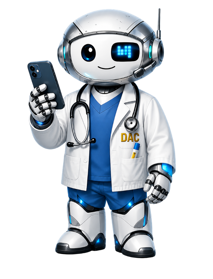 Robot de Doctor Amigo sosteniendo un celular